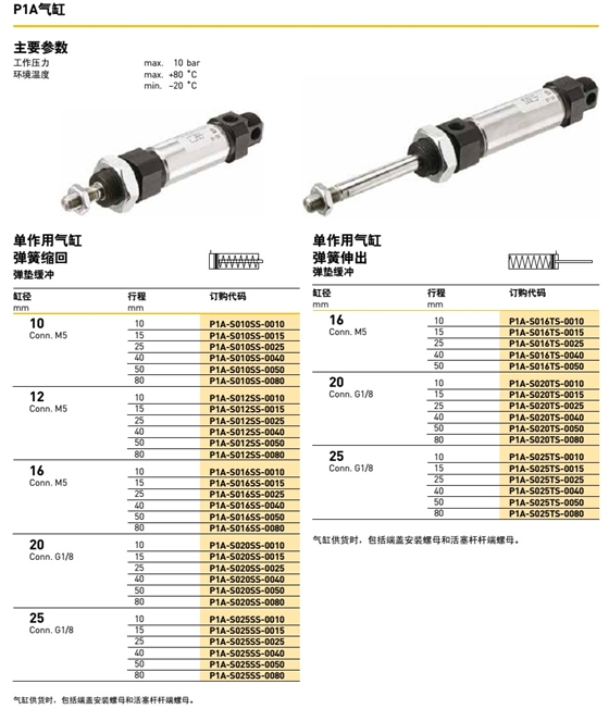 Parker气动派克气缸ISO气缸系列P1A缸径10到25mm